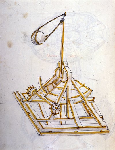 ロベルト・ヴァルトゥリオ（1405-1483？）の「De re Militari」に掲載されている回転式石投げ機のイラスト。 作： Roberto Valturio