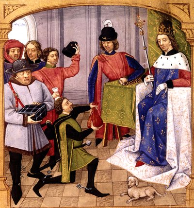 税金を受け取るフランスの親族フィリップ 5 世 (1293-1322)、1471 年に「Grandes Chroniques de France」より Robinet Testard による照明 作： Robinet Testard