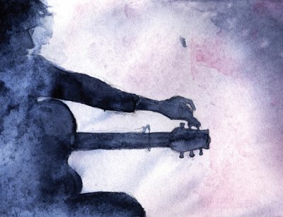 青い水彩画のギタリスト 作： RodMacIver