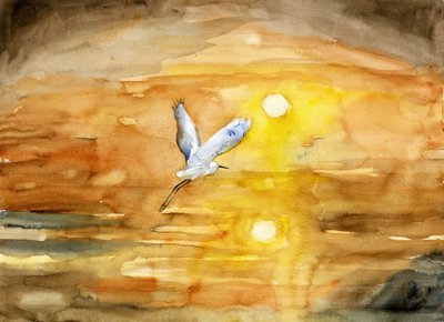 白鷺の黄金の夕焼けの中を飛ぶ 作： 