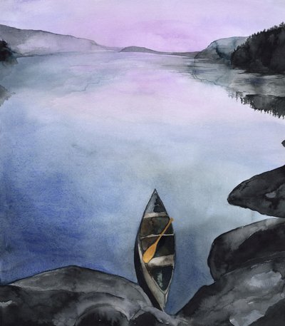 静かな山間の湖でのカヌー 作： RodMacIver
