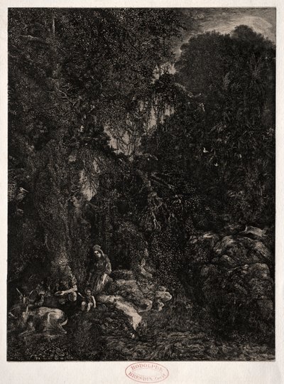 鹿のいる聖家族、1871年。 作： Rodolphe Bresdin