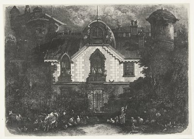フェンスの後ろに塔と牛と羊飼いの家 ラ メゾン アンシャンテ 作： Rodolphe Bresdin