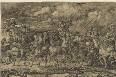 使用人や牛に囲まれた妻たちと一緒に風景の中を馬に乗って進むフン王 作： Rodolphe Bresdin