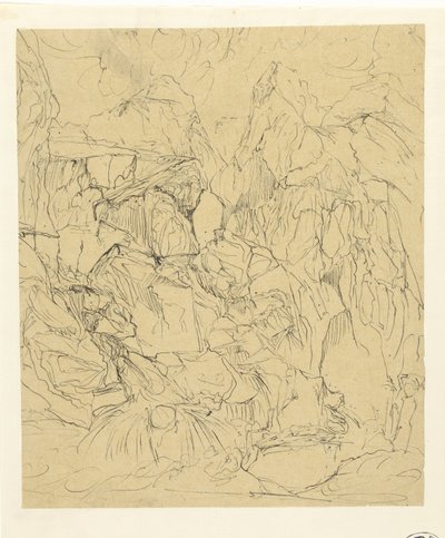 むき出しの岩の多い風景、左手前に滝 作： Rodolphe Bresdin