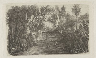 小川と岸辺の木々のある風景 ル クール ドー 作： Rodolphe Bresdin