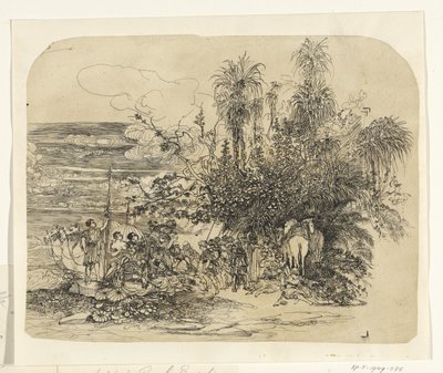 馬やラクダと一緒に休んでいる東洋人のグループのいる風景 作： Rodolphe Bresdin