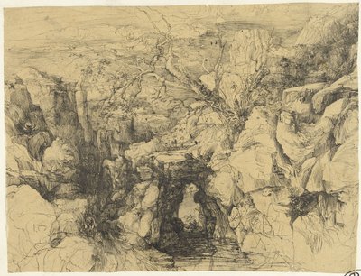 岩と渓流に架かる石橋のある風景 作： Rodolphe Bresdin