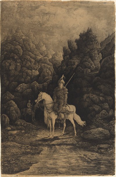 荒涼とした山の風景の中の東洋の騎手 作： Rodolphe Bresdin