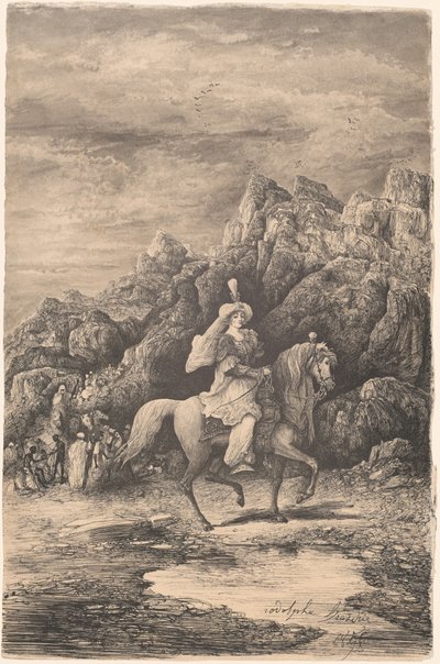 荒涼とした山の風景の中の東洋の女曲馬師 作： Rodolphe Bresdin