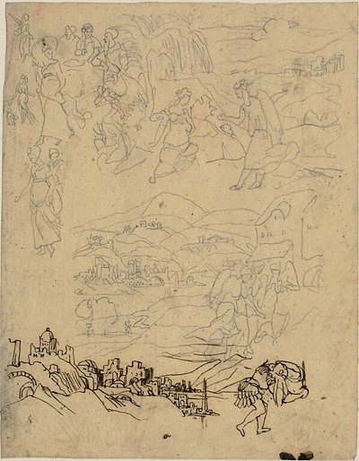 聖書の情景スケッチ、湖畔の町、山村、戦士 作： Rodolphe Bresdin