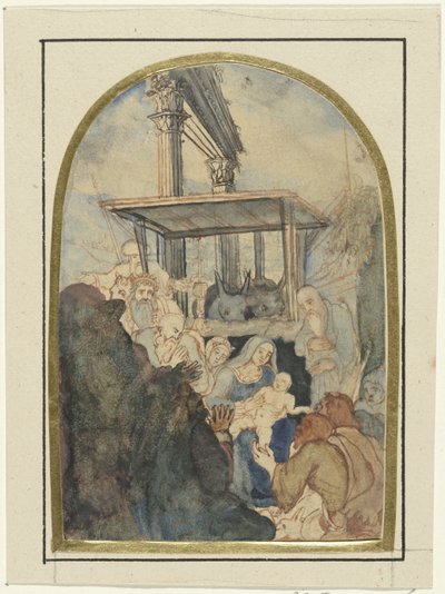 東方の三博士の崇拝のための習作、背景にはコリント式の柱が 2 本ある廃墟 作： Rodolphe Bresdin