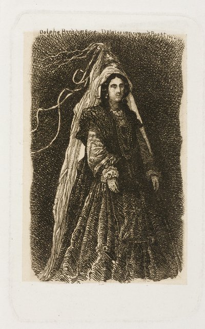 幻想的な中世の衣装を着た女性 作： Rodolphe Bresdin