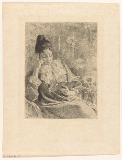 椅子に座って読書する女性 作： Rodolphe Piguet