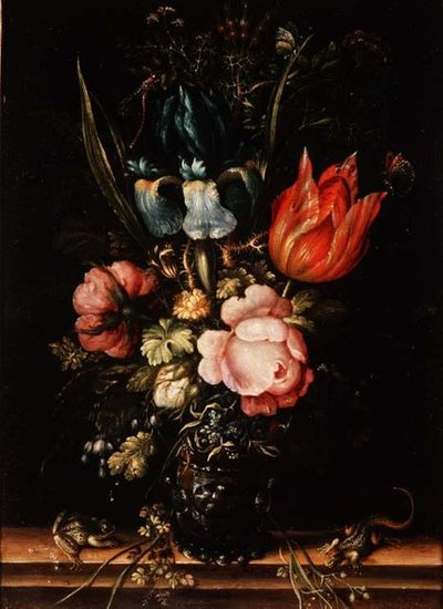 薔薇やチューリップなどの花の静物画 作： Roelandt Jacobsz. Savery