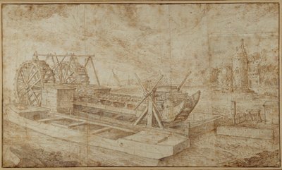 運河に浮かぶ浚渫船（紙にウォッシュ、ペン＆インク 作： Roelandt Jacobsz. Savery