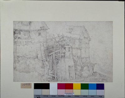 山の中腹にある茅葺きの住居、一部は廃墟（紙にチョーク、ペン＆インク 作： Roelandt Jacobsz. Savery