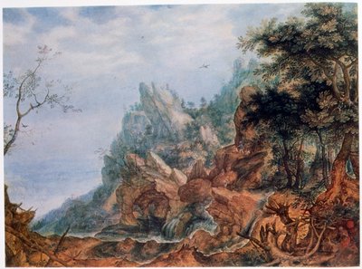 岩の多い風景の中の聖ジェローム、c1596-1639 作： Roelandt Savery