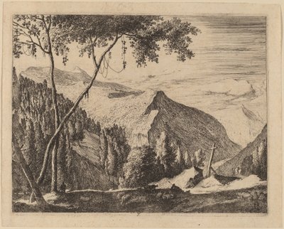 十字架のある岩の風景: pl.5 作： Roelant Roghman and Melchior Küsel