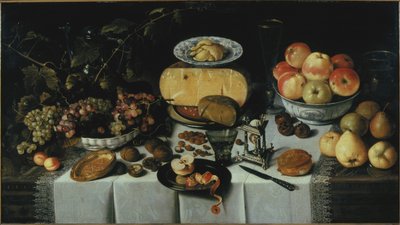 チーズと果物のある静物、1625年。 作： Roelof Koets