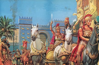 戦車に乗せられ、バビロンに凱旋するアレキサンダー大王（カラーリトグラフ） 作： Roger Payne
