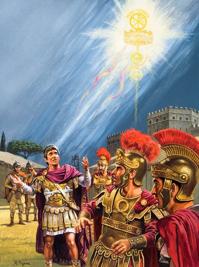 ミルヴィアン橋の戦いの前にコンスタンティヌスが見たキリスト教の十字架（紙にグワッシュ） 作： Roger Payne