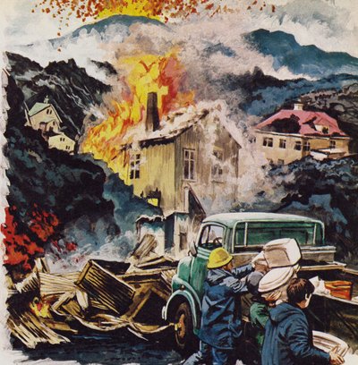アイスランドのハイマエイ島にある漁港Vestmanna Ehjarから避難する住民（カラーリトグラフ） 作： Roger Payne