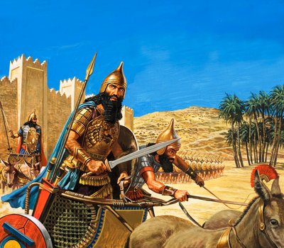 ハンムラビ王が戦いに赴き、彼の戦車は特に丈夫な品種のろばに引かれた。 作： Roger Payne