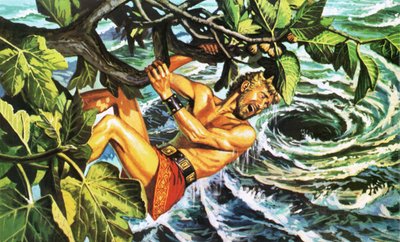 いちじくの木につかまって渦から逃れるオデュッセウス 作： Roger Payne