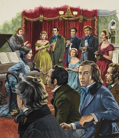 ロベルト・シューマン（1810-1856）のリサイタルにて（グワッシュ、紙） 作： ロジャー・ペイン
