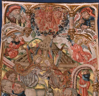 フランダースのタペストリー。 キリストの誕生のトリプティク (Triptico del Nacimiento de Jesús)。 Rogier van der Weyden サークルの漫画家のモデル。 南オランダを製造します。 1492年頃。生地 金、銀、絹、羊毛。 作： Rogier van der (circle of) Weyden