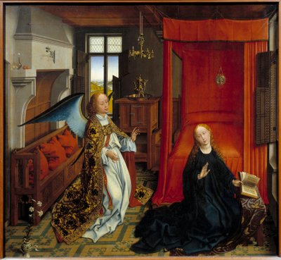 受胎告知。ロジェ（ロジェ）・ファン・デル・ウェイデン（1400-1464）の工房の絵。Flam. 作： Rogier van der Weyden