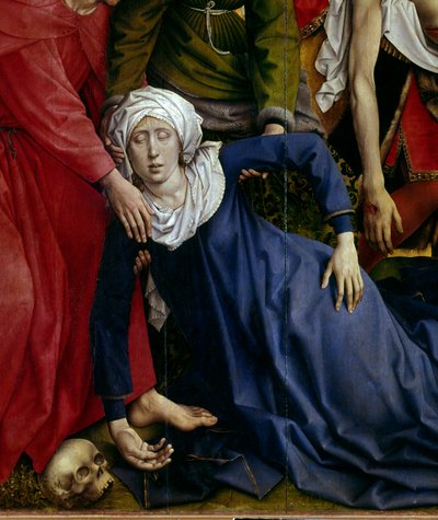 十字架のデポジション、または下降。消えた処女のディテール。Rogier Altarpiece (Roger) Van Der Weyden (1400-1464) 1435年 Dim.2,20 x 0,35 m Madrid, Musee du Prado - 「十字架の下降または降下」。卒倒する聖母のディテール。の祭壇画。 作： Rogier van der Weyden