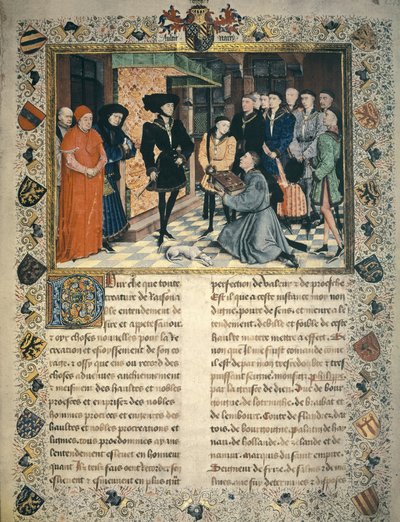 Jean Wauquelin (1452 年没) はエノー年代記の翻訳をブルゴーニュ公フィリップ 3 世に贈呈 作： Rogier van der Weyden