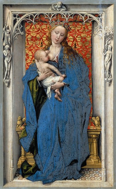 聖母子像 - ロジェ・ファン・デル・ウェイデン（1399頃～1464頃）。木に油彩、1430年頃か1451年頃。寸法：18,9x12,1cm。美術史博物館、ヴィエンヌ 作： Rogier van der Weyden