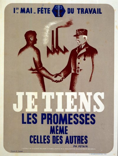 ヴィシー・フランスの指導者マーシャル・ペタンが、戦時下のフランスにおけるメーデーの労働者祭りのために発行したプロパガンダ・ポスター（ポスター） 作： ローランド・クードン