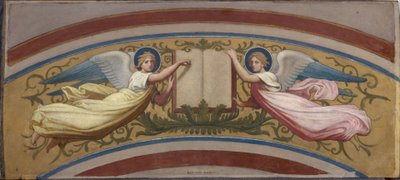 サン・フランソワ・ザビエル教会のためのスケッチ：二人の天使に支えられた福音書、1874年から1876年にかけて（油彩、グワッシュ、水彩、紙） 作： Romain Cazes