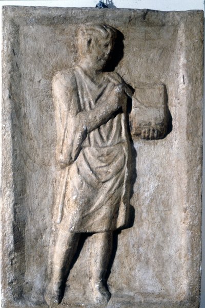 ワックス・タブレットにペンで書き込んでいる男性 ローマ時代の浅浮彫り図 2～3世紀 作： Roman