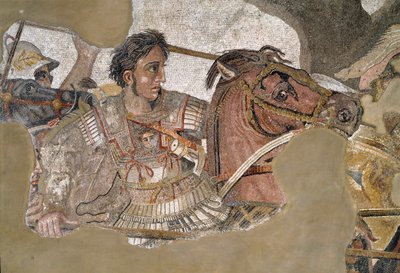 アレキサンダー大王（紀元前356年から323年）の馬ブケパロス。ポンペイの牧神の家のモザイク 作： Roman