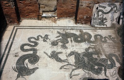 古代のオスティア（Ostia）。Place des Corporations（企業広場）。サブラタの船員公社のモザイク。ネプチューンの浴場。 作： Roman