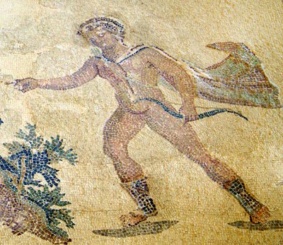 アポロとダフネ、アポロの詳細、ディオニュソスの家、パフォス、キプロスのモザイク 作： Roman