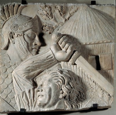 古代ローマのアート。ローマ軍人と戦う野蛮人。低浮彫り、JC後2世紀初頭。ローマ、トラヤヌス広場。日。0.84x0.88m。パリ、ルーヴル美術館（Musee Du Louvre 作： Roman