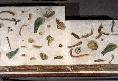 「アサロトス」（床の不掃除） ローマのハラクライトンのサイン入りモザイクの断片、紀元後2世紀、ローマ 作： Roman
