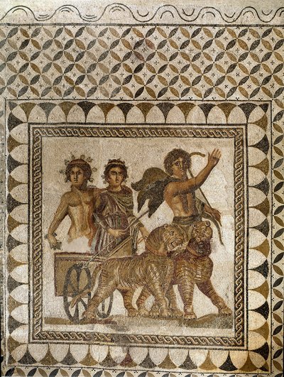 虎に引かれた戦車に乗ったバッカス 3世紀（モザイク画 作： Roman