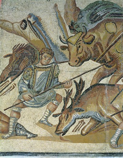 剣闘士と動物の間の戦い、雄牛を槍で突く剣闘士の詳細、320 AD（モザイク） 作： Roman