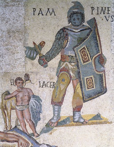 剣闘士間の戦い、短剣と盾で武装した剣闘士の詳細、AD 320（モザイク） 作： Roman