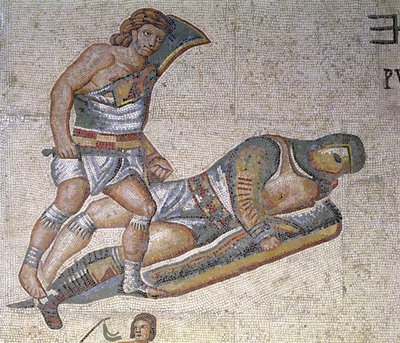 剣闘士間の戦い、剣闘士の詳細を地面に固定、紀元320年（モザイク） 作： Roman