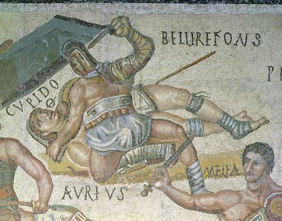 剣闘士間の戦い、剣闘士の詳細を地面に固定、西暦320年（モザイク） 作： Roman