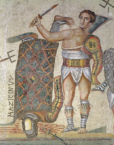 剣闘士間の戦い、勝利した剣闘士の詳細、320 AD（モザイク） 作： Roman