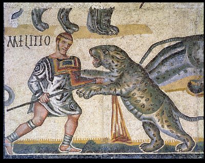 山猫に対する剣闘士の戦い、山猫を駆け抜ける剣闘士の詳細320 AD（モザイク） 作： Roman